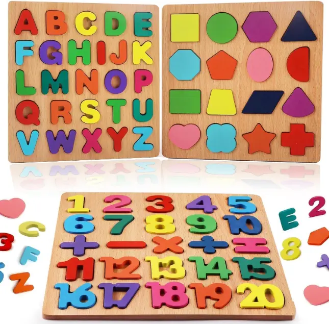 INDIJOYTOYS Wooden Learning Educational Board for Kids, Alphabet & Number & Shape Puzzles for Kids, Educational Toys for Toddlers & Preschoolers, ABCD Puzzle Set (Alphabets, Numbers, Shapes)