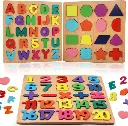 INDIJOYTOYS Wooden Learning Educational Board for Kids, Alphabet & Number & Shape Puzzles for Kids, Educational Toys for Toddlers & Preschoolers, ABCD Puzzle Set (Alphabets, Numbers, Shapes)